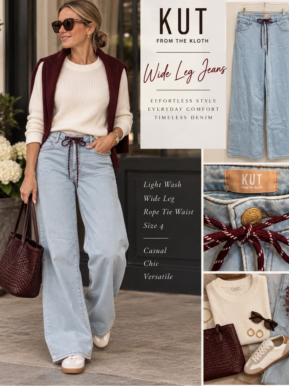 Kut from the Kloth Light Wash Wide Leg Jeans with Burgundy Rope Tie